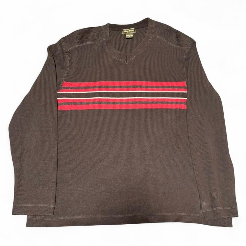 Eddie Bauer V-Neck Sweater in Brown with Red Stripes